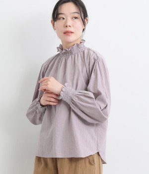 東炊きローン　シャーリングスタンドネックブラウス(アッシュパープル-ONESIZE)