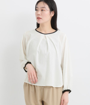 コットン東炊きローン配色ブラウス(オフホワイトｘブラック-ONESIZE)