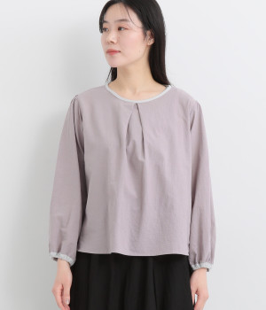 コットン東炊きローン配色ブラウス(アッシュパープル×ライトグレー-ONESIZE)