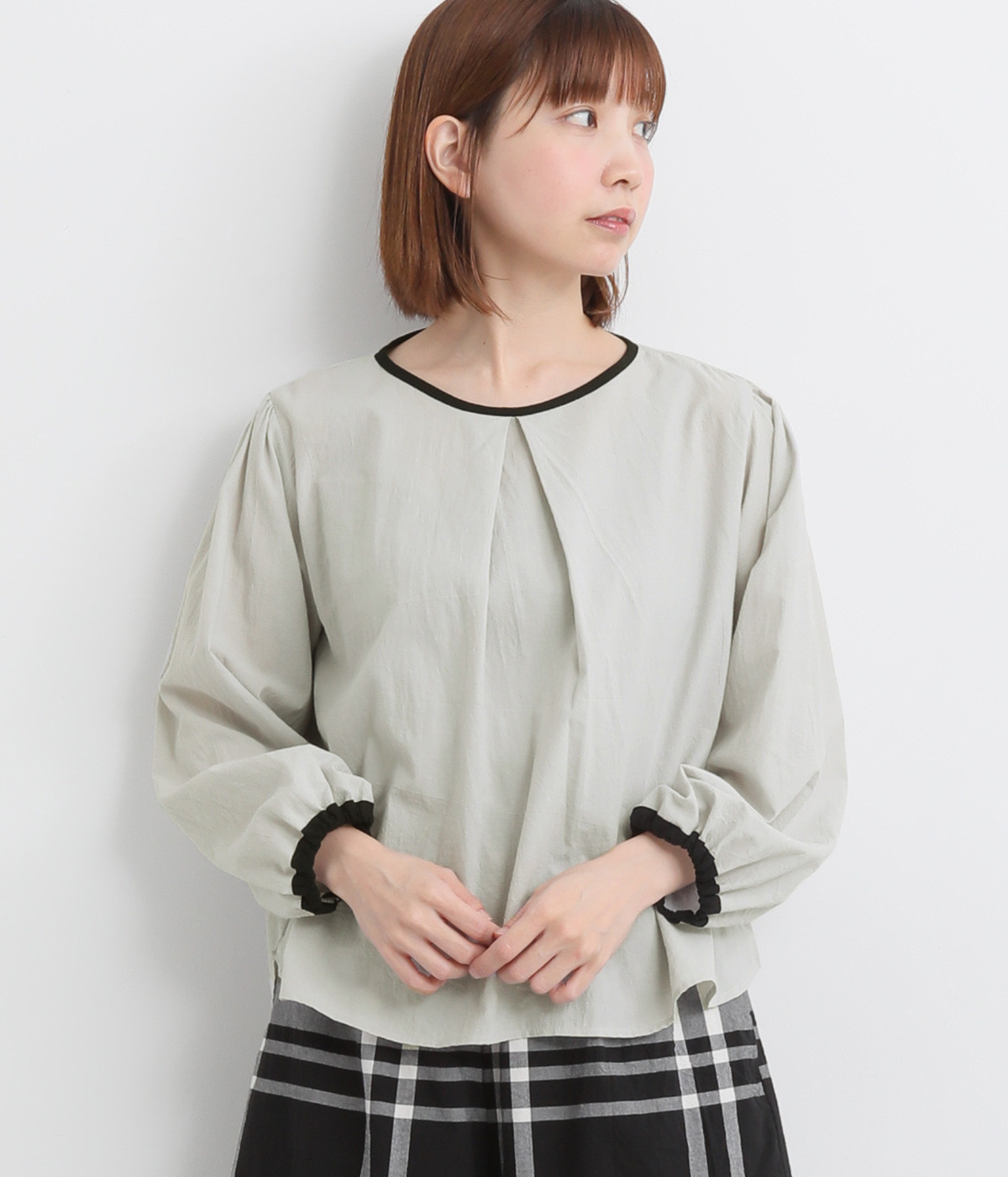 コットン東炊きローン配色ブラウス(ライトグレーｘブラック-ONESIZE)