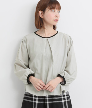 コットン東炊きローン配色ブラウス(ライトグレーｘブラック-ONESIZE)