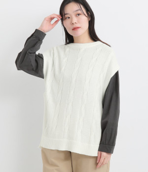 コットンケーブル編みサイドボタンベスト(オフホワイト-ONESIZE)