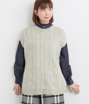 コットンケーブル編みサイドボタンベスト(ライトグレー-ONESIZE)