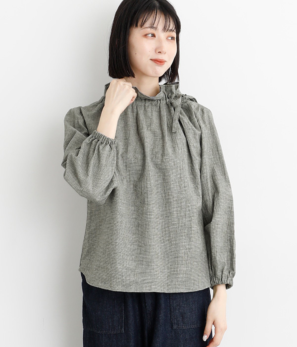 コットンリネンギンガム横リボンブラウス(千鳥-ONESIZE)