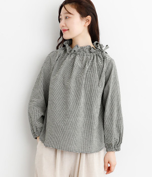 コットンリネンギンガム横リボンブラウス(ギンガム-ONESIZE)