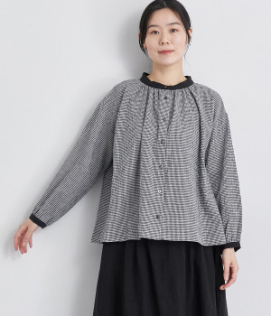 コットンリネンギンガムバイカラースタンドブラウス