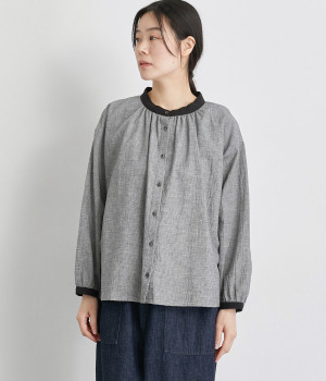 コットンリネンギンガムバイカラースタンドブラウス(千鳥-ONESIZE)
