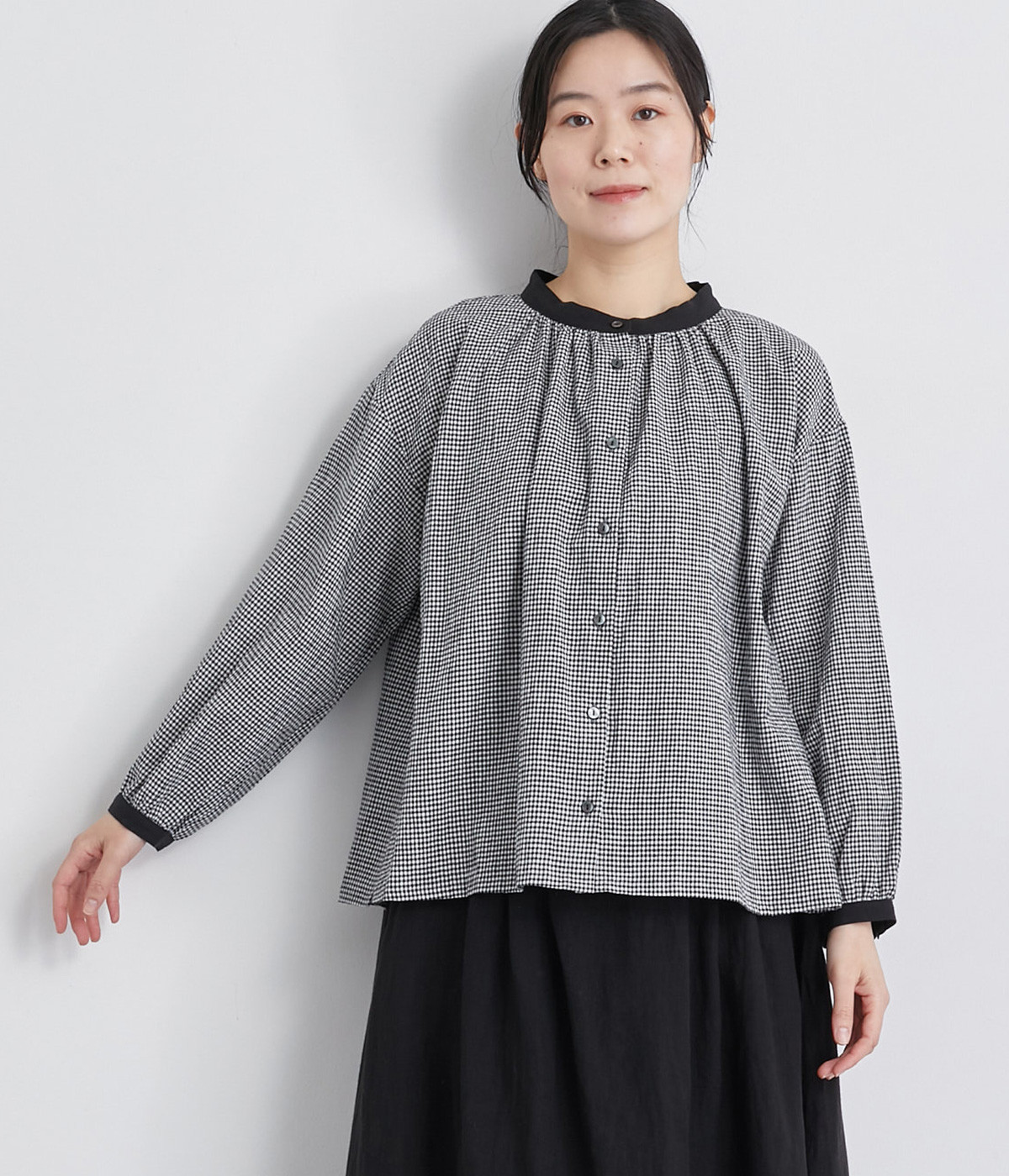 コットンリネンギンガムバイカラースタンドブラウス(ギンガム-ONESIZE)