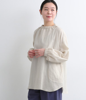 スラブWガーゼボトルネックチュニックブラウス(アイボリー-ONESIZE)