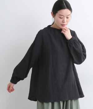 スラブWガーゼボトルネックチュニックブラウス(ダークネイビー-ONESIZE)