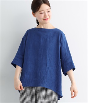 リネンバックタック６分袖ブラウス(ブルー-ONESIZE)