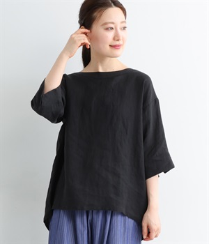リネンバックタック６分袖ブラウス(ブラック-ONESIZE)
