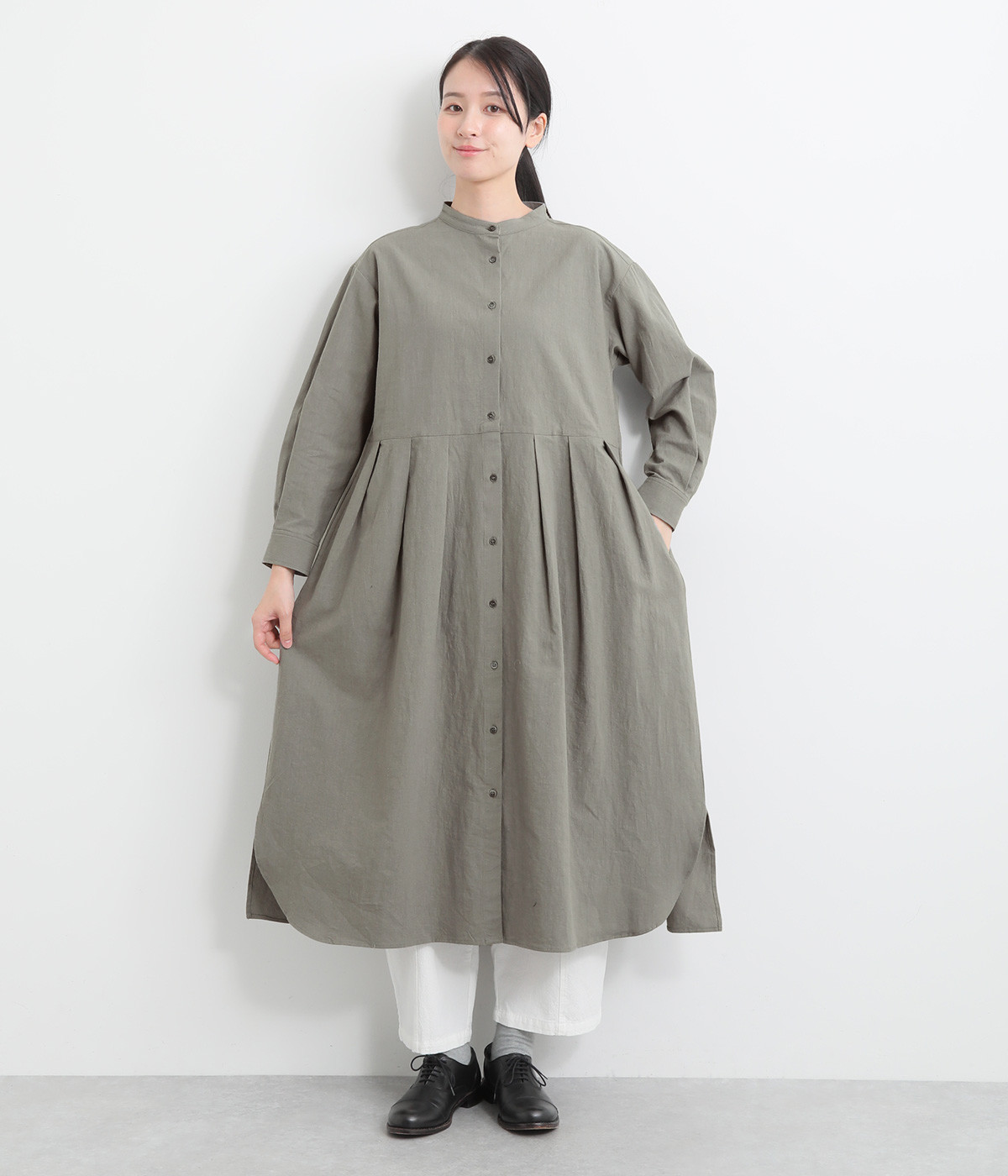 リネンバンドカラーワンピース(スモーキーリーフ-ONESIZE)