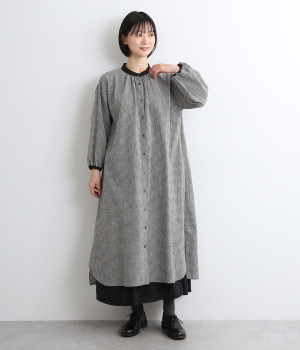 コットンリネンバイカラー襟ワンピース