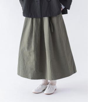 コットンリネンナイロンベルト付きタックスカート(カーキ-F)