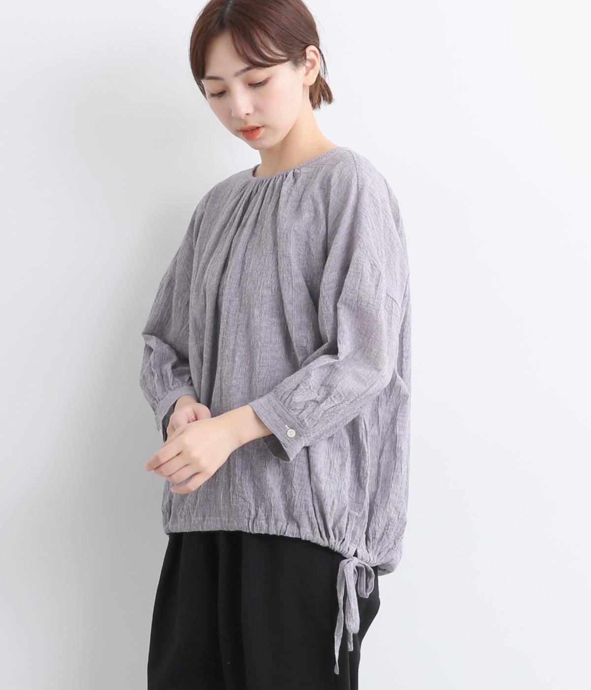 コットンリネンギンガム裾リボン通しブラウス(パープル-F)