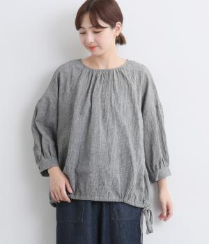 コットンリネンギンガム裾リボン通しブラウス(ブラック-F)