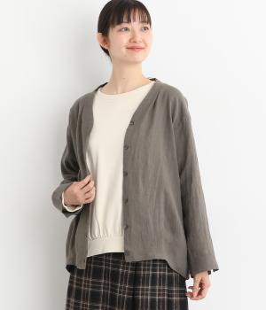 リネン後バルーン長袖カーディガン(チャコールグレー-F)
