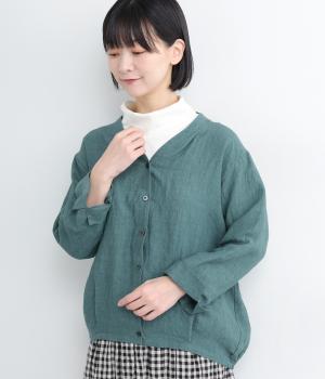 リネン後バルーン長袖カーディガン(グリーン-F)