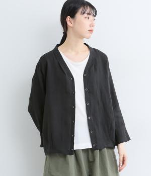 リネン後バルーン長袖カーディガン(ブラック-F)