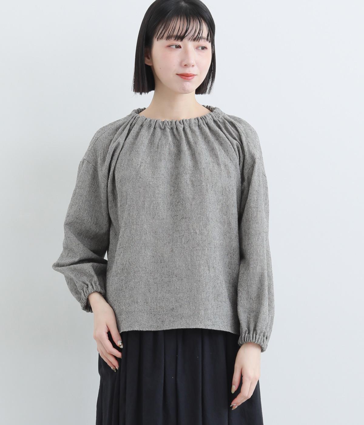 ウール混ゴム入りギンガムネック長袖ブラウス(アイボリー-F)