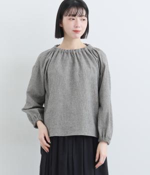 ウール混ゴム入りギンガムネック長袖ブラウス(アイボリー-F)