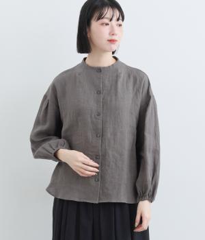 リネンボトルネック長袖ブラウス(アッシュグレー-F)