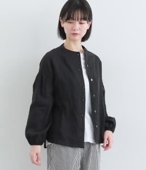 リネンボトルネック長袖ブラウス(ブラック-F)