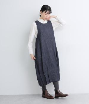 6オンスデニム裾タックコクーンワンピース(ネイビー-F)