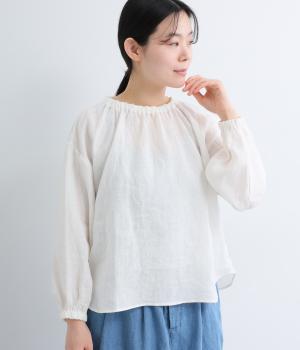 リネンネックゴム入り長袖ブラウス(オフ-F)