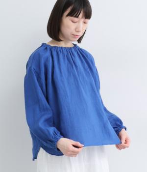 リネンネックゴム入り長袖ブラウス(ブルー-F)