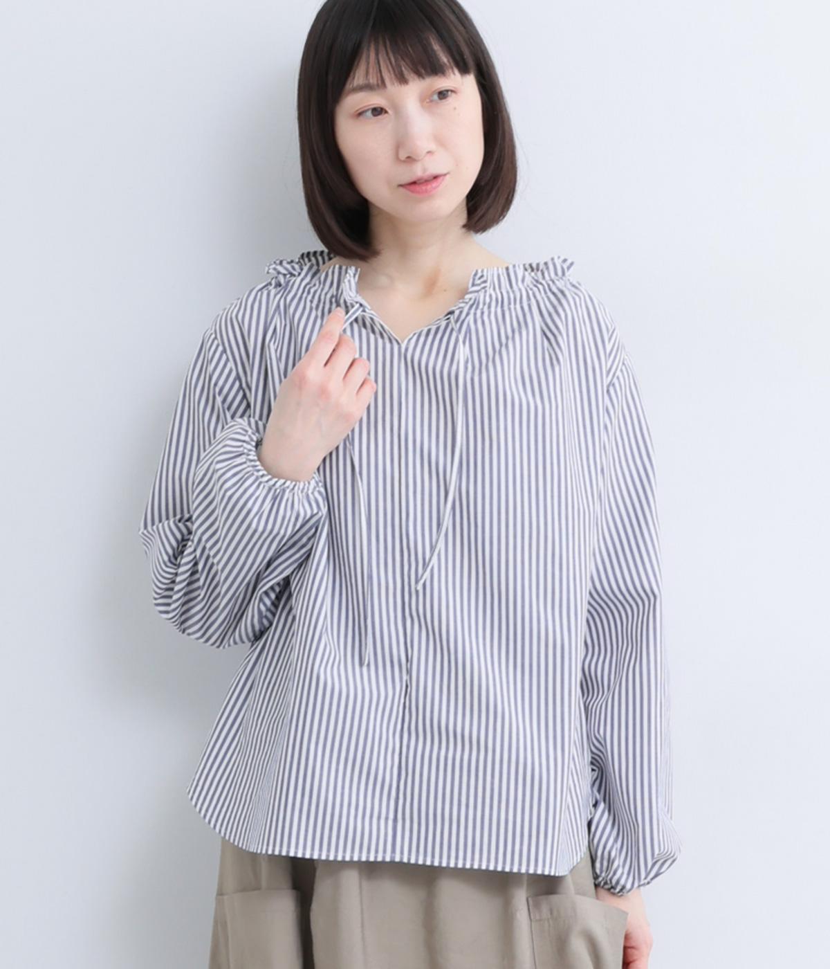 襟ぐりリボン紐通し長袖ブラウス(オフｘネイビー-F)