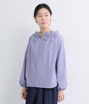 襟ぐりリボン紐通し長袖ブラウス(ブルーｘオフ-F)