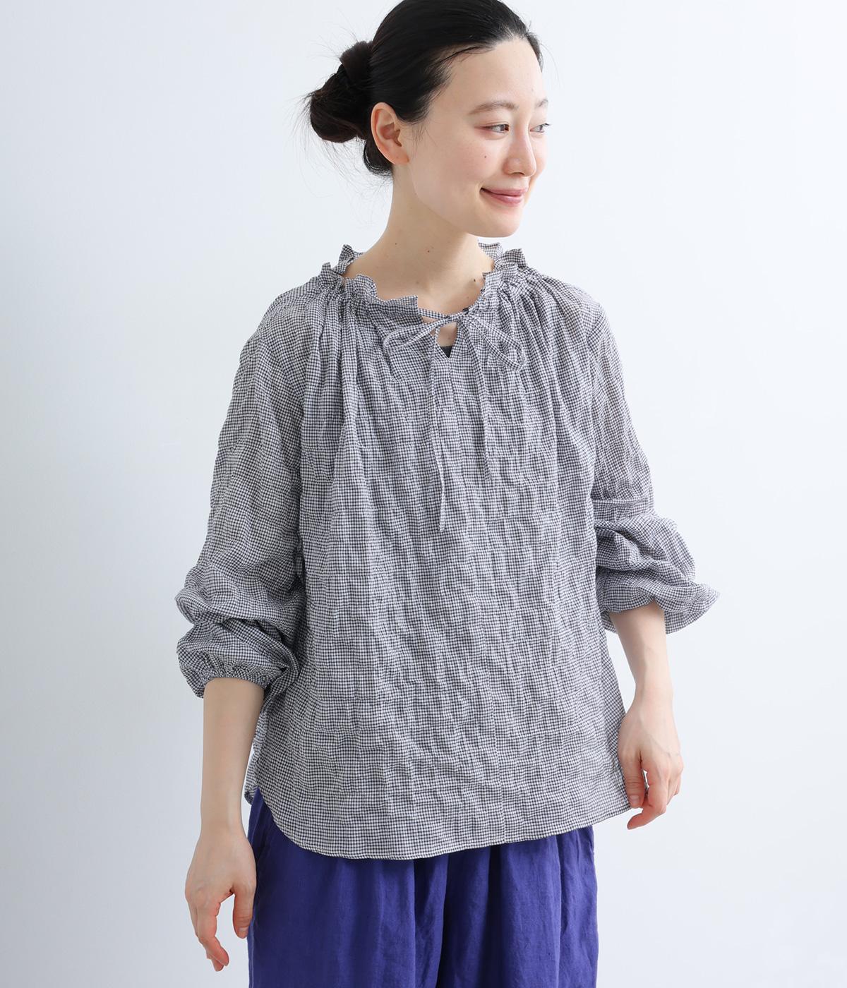 襟ぐりリボン紐通し長袖ブラウス(ネイビーチェック-F)