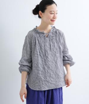 襟ぐりリボン紐通し長袖ブラウス(ネイビーチェック-F)