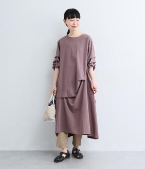 コットンリネン袖身頃タック変形ワンピース(モーヴ-F)