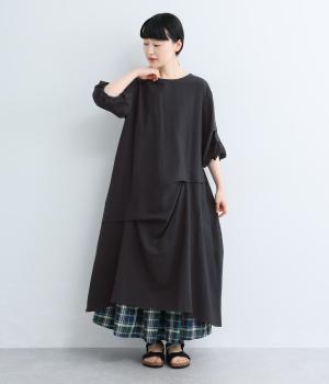 コットンリネン袖身頃タック変形ワンピース(ブラック-F)