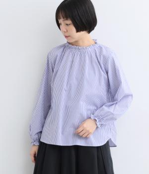 ネックシャーリング長袖ブラウス（ブルーストライプ・F）