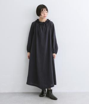衿ぐりフリル付きギャザーワンピース（ネイビー・F）