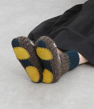 手編みウール満ち欠けルームシューズ(ダークブラウン-ONESIZE)