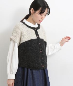 手編みウール2トーン配色ボタンベスト(ホワイトブラック-ONESIZE)