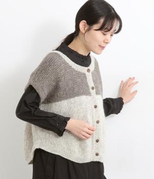 手編みウール2トーン配色ボタンベスト(ブラウンホワイト-ONESIZE)