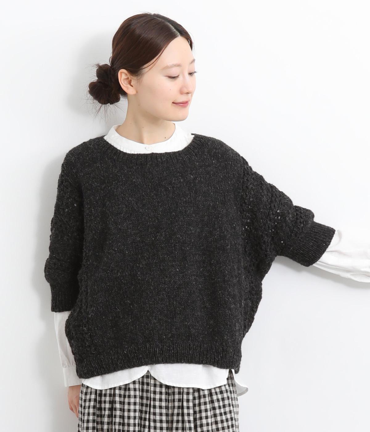 手編みウール透かし編みドルマンスリーブ5分袖セーター(ブラック-ONESIZE)