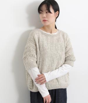 手編みウール透かし編みドルマンスリーブ5分袖セーター(グレイッシュホワイト-ONESIZE)