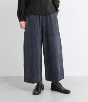 手織藍染タテシマストレートパンツ