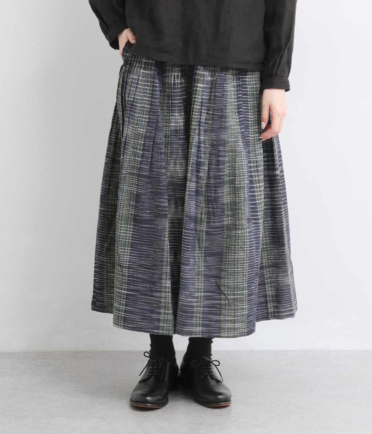 手織藍染チェックピンタックスカート(チェックインディゴ-F)