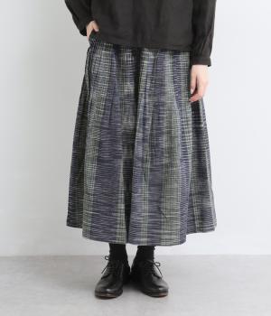 手織藍染チェックピンタックスカート(チェックインディゴ-F)