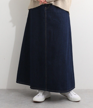 デニムバックプリーツロングスカート(ワンウォッシュ-M)