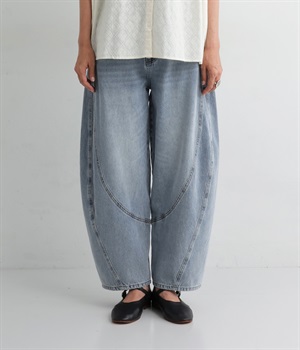 デニム立体切替バルーンパンツ(ヴィンテージブルー-L)