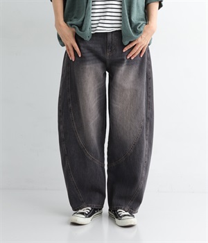 デニム立体切替バルーンパンツ(ヴィンテージブラック-L)